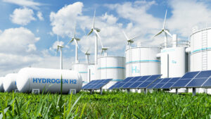 Hydrogen energy plant with wind turbines and solar panels- 3D rendering